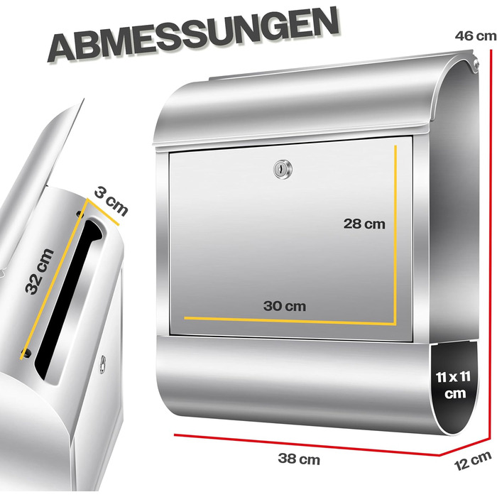Поштовий ящик настінний KESSER® XXL нержавіюча сталь срібний з газетницею, замок + 3 ключі, вологостійкий, порошкове покриття