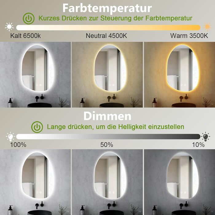 LED дзеркало для ванної кімнати з підсвічуванням 70x50 см, холодне біле світло 6000K, енергозберігаюче, диммування, проти запотівання