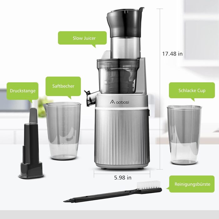 AOBOSI 200W Slow Juicer, Juicer with Reverse Function and Two Filter Sizes. Juicer vegetable and fruit test winner, multifunctional juicer vegetable and fruit with Smart Chip. Fruit press-Gray 80MM Gray