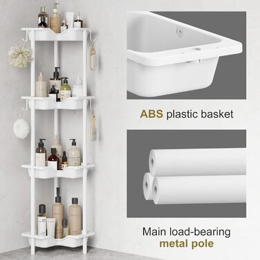 Orimade 4 Piece Shower Shelf Standing Stainless Steel, Shower Storage without Drilling, Corner Shelf with 4 Hooks, Plastic-Metal Construction 25.5 x 25.5 x 103 cm White