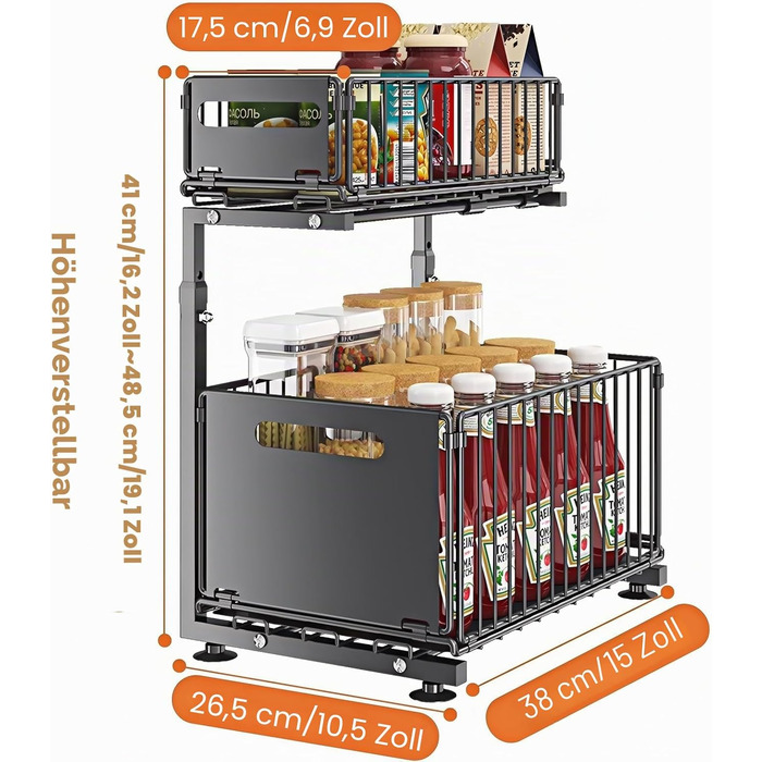 Висувна двоярусна організатор-полиця для кухонної шафи під мийкою, чорна (Style B)