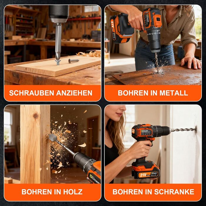 Акумуляторний шурупокрут/дрель 21V з набором 2 акумуляторів, 1200W двигун Brushless, 75Nm, 25+3 рівня крутного моменту, патрон 13мм, 2 швидкості, LED, 29-ти елементний набір для дому, саду та DIY-проектів помаранчевого кольору