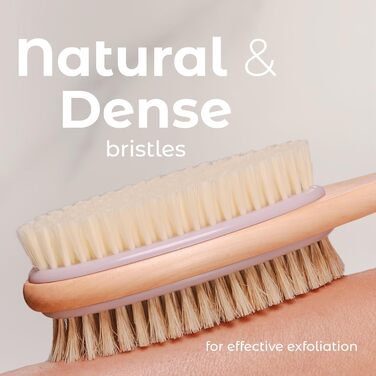 Скребок для спини MainBasics для душу - довга ручка, двостороння щітка для миття та скрабу тіла з пілінгом та м'якими щетинками (Лаванда, Дерево)