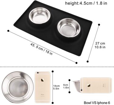 Набори мисок для собак та котів MOACC: 2 шт. по 400 мл, нержавіюча сталь, антиковзаюча підставка, для подорожей, чорний квадрат