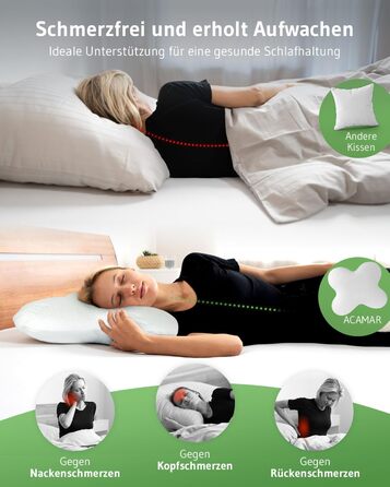 ACAMAR QuickDry Neck Pillow, Orthopedic Side Sleeper Pillow, Visco Head Pillow made of Memory Foam, Quick-Drying & Thermoregulating Cover, Cervical Spine Support Pillow & Anti-Snoring Pillow, Anthracite Thermic QuickDry Cover