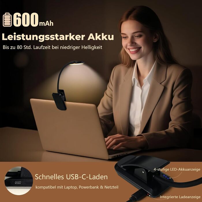 LED лампа для читання Nixtrve з кріпленням на книгу, USB-C, регулювання яскравості, 3 режими температури кольору, гнучка на 360°, для дорослих та дітей