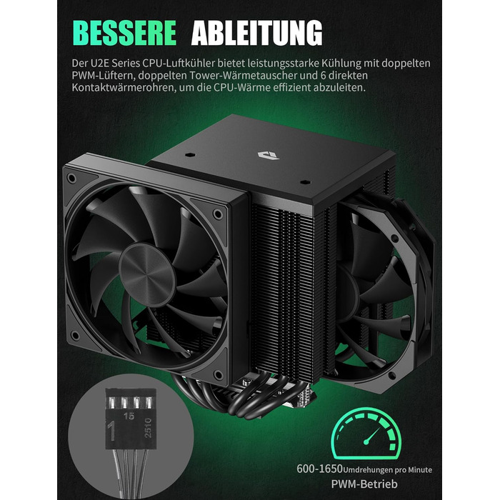 upHere Система охолодження CPU Dual Tower з 6 теплових трубок, 2 x 120мм вентилятори PWM, сумісна з AMD AM4 AM5/Intel 2011/2066 (X79/X99), для ПК, UE2K6