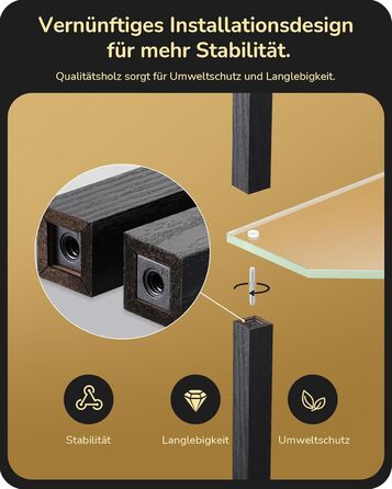 Стійка лампа EDISHINE з 4 полицями з дерева, LED диммер, 3 колірні температури, поворотний світловий маніпулятор, підсвічування полиць, футовий вимикач (чорний+скло)