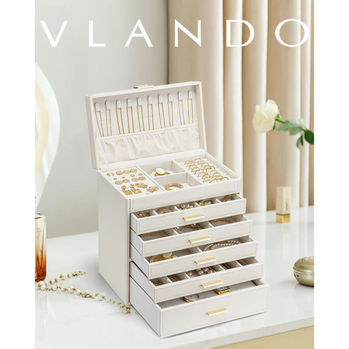 Скринька для прикрас Vlando Modern Beige з 6 ярусами, дзеркалом та відділенням для годинників