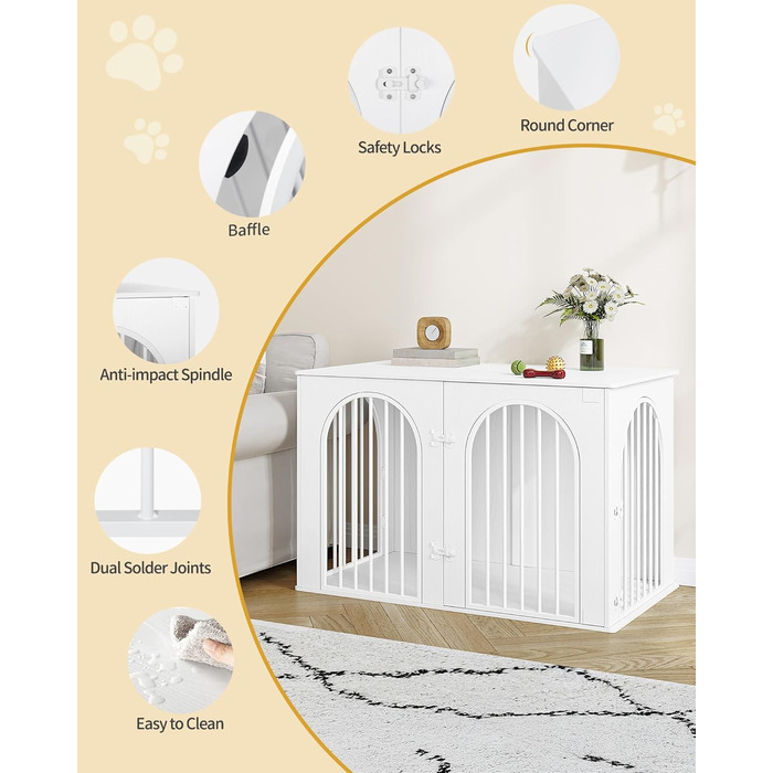 Hzuaneri Modern Dog Crate Furniture - Indoor Dog Kennel with 3 Doors & Tabletop - Durable White Dog Cage 108x64x76cm (DFC86013W)