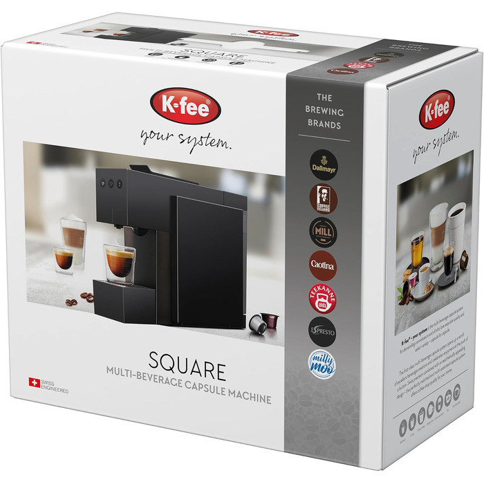 Капсульна кавомашина K-fee SQUARE для кави, чаю та какао, компактна, швидке нагрівання, резервуар 0,8 л, тиск 19 бар, чорна Piano Black