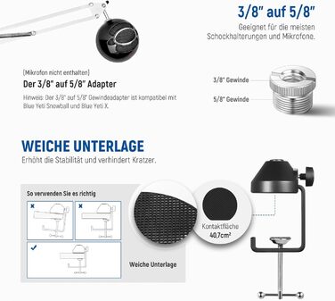 Тримач для мікрофону Neewer NW-35, підвіс Boom Schere, штатив з гвинтовою різьбою 3/8' - 5/8', сумісний з Blue Yeti, Quadcast та іншими мікрофонами, максимальне навантаження 1.5 кг