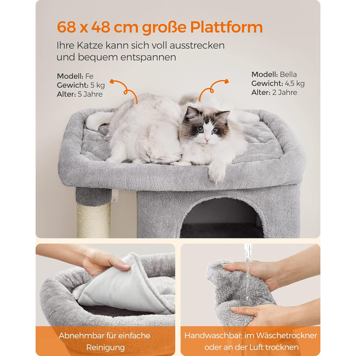 Feandrea Cat Tree, 84 cm Cat Tree, L, Cat House for Large Cats up to 7 kg, Large Platform, 2 Cat Caves, Sisal Posts, PCT61W (XL (68 x 48 x 101 cm), Light Grey)