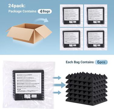 Акустичні пірамідні панелі Ohuhu для звукоізоляції, шумопоглинаючий поролон 30x30x5 см, 24 шт. (для студії, подкастів, YouTube)