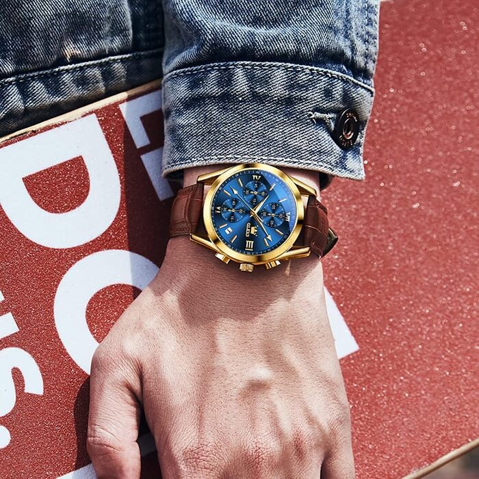 Чоловічий годинник OLEVS Vintage з шкіряним ремінцем, велике циферблат, водостійкий, аналоговий годинник з датою (2872, блакитний циферблат/коричневий ремінець)