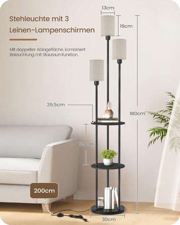 Стельова лампа для вітальні з поличкою, 3-хламкова лампа на ніжці з полицею Vintage, Бохо підлогова лампа з дерева з вимикачем на ніжці, патрон E27, ретро-дизайн, рустикальний коричнево-бежевий колір ZEF53LDD05 (Бежевий, Чорний)