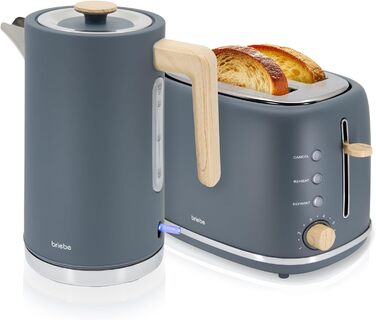 Тостер Briebe Nordic Set з водоваркою 1.7л, 2 відділення, 6 режимів підсмажування, сірий, BPA-free