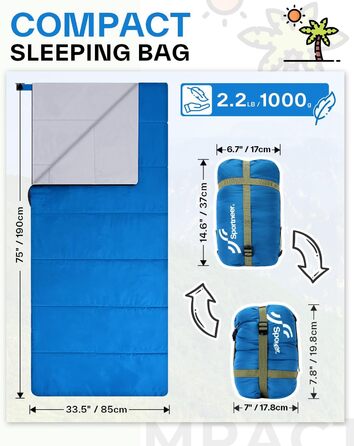 Sportneer Summer Sleeping Bag - Lightweight, Waterproof Camping Sleeping Bag for Hiking, Backpacking & Travel (Blue)