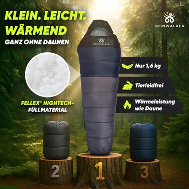 Спальний мішок SKINWALKER 3-4 сезони з знімним флісовим вкладишем, ультралегкий (-1600г), для кемпінгу та піших прогулянок, зимовий/літній, муміє, зелений (сіро-блакитний)