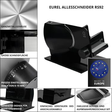 EUREL RS92 Electric Food Processor - Stainless Steel Blade, Adjustable 0-15mm, Glass Plate, Serving & Storage Set, 100W