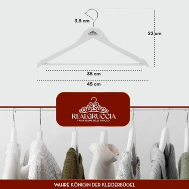 Дерев'яні вішаки RealGruccia 40 шт, антиковзні, білі, з перекладиною для штанів та піджаків, полірована поверхня, обертовий гачок, 22x45 см