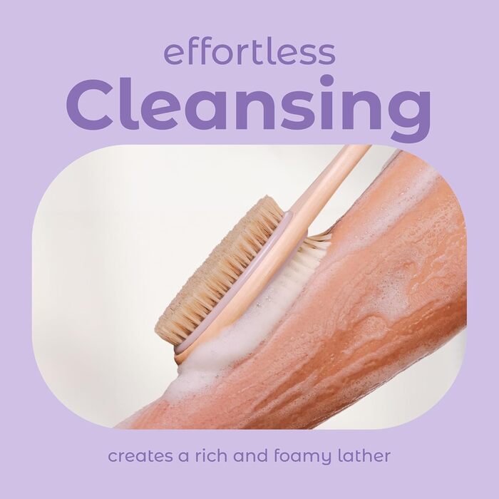 Скребок для спини MainBasics для душу - довга ручка, двостороння щітка для миття та скрабу тіла з пілінгом та м'якими щетинками (Лаванда, Дерево)