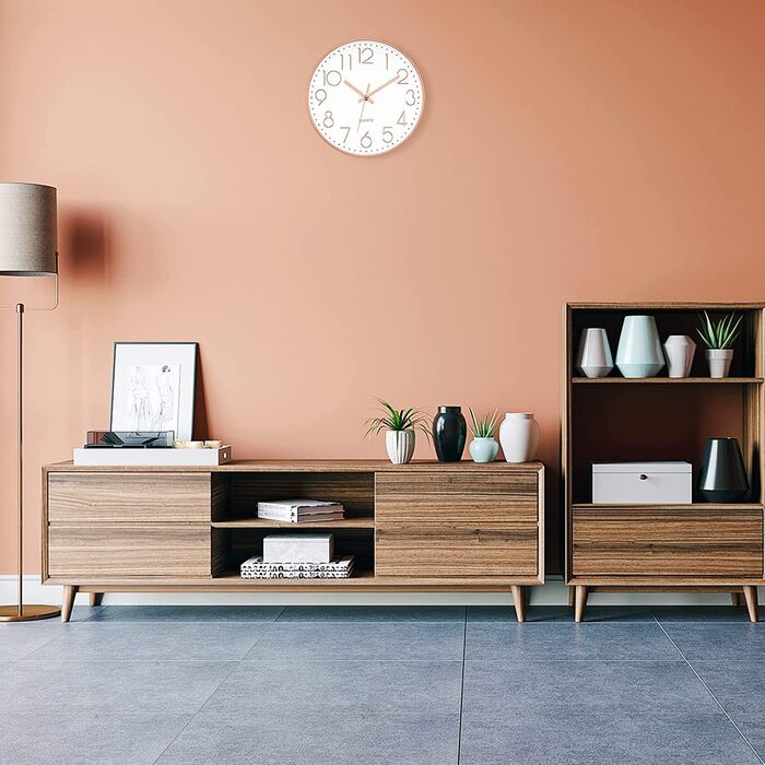 Foxtop Wall Clock Radio-Controlled Wall Clock 30 cm Silent & No Ticking Large Dial Analog without Ticking For Kitchen, Living Room, Bathroom DCF Radio Signal Modern Design White-Gray (White-Rose Gold)