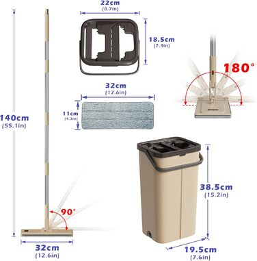 Набір для миття підлоги з відром, 2 в 1, з регульованою ручкою з нержавіючої сталі та 6 мікрофібровими насадками, для плитки та ламінату, сіро-коричневий