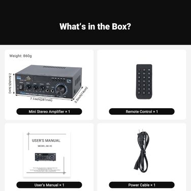 NEOHIPO HiFi-усилювач AK45 Mini, Bluetooth стерео аудіоусилювач 400Вт, 2-канальний, цифровий, з FM-радіо, SD/USB, для дому або авто, чорний
