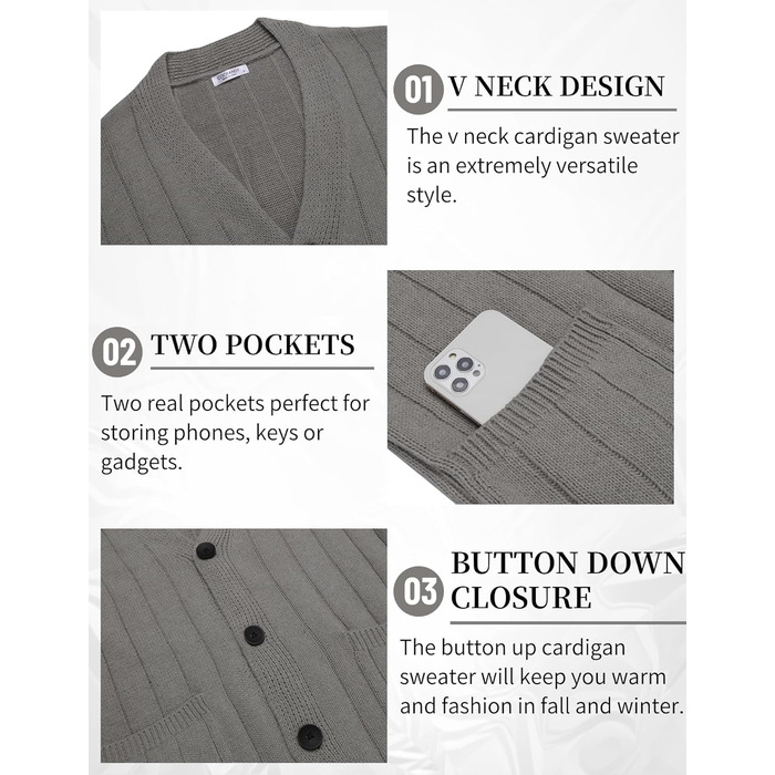 Чоловічий в'язаний кардиган COOFANDY з візерунком коси, V-подібний виріз, ґудзикова застібка, ребристий, з кишенями, сірий (S)