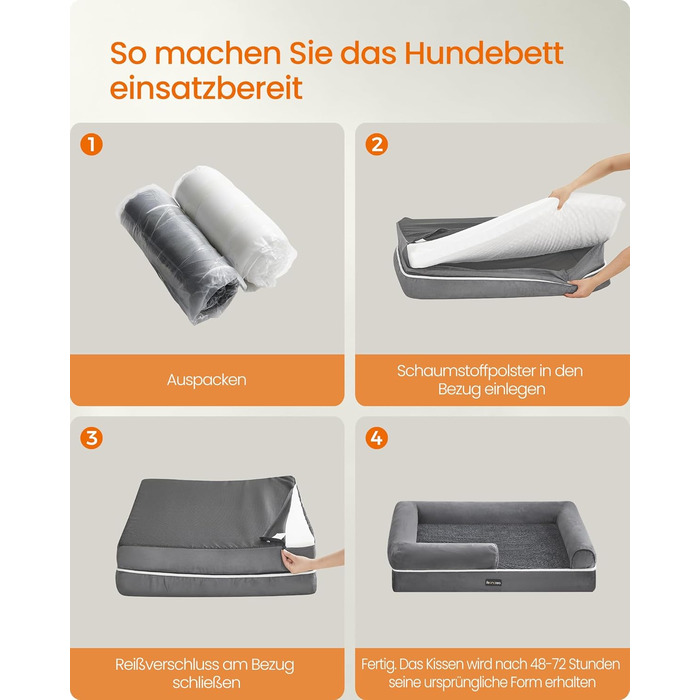 Ортопедичне ліжко для собак Feandrea, м'яке, з піднятими бортиками, 91 x 68 x 18 см, сірий колір, знімний чохол, неслизьке дно