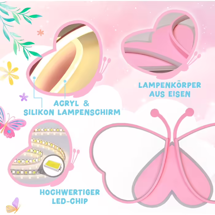 LED Butterfly Ceiling Lamp, Dimmable Acrylic Ceiling Light, Creative Ceiling Lamp for Kids' Room, Girls' Room, Bedroom, Cartoon Ceiling Light - Pink, 42cm