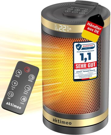 Електричний обігрівач NEU 1500W з керамічним нагрівачем, термостатом, захистом від перегріву, нахилу та для дітей, таймером 12 год, з пультом керування, золотий, Classic