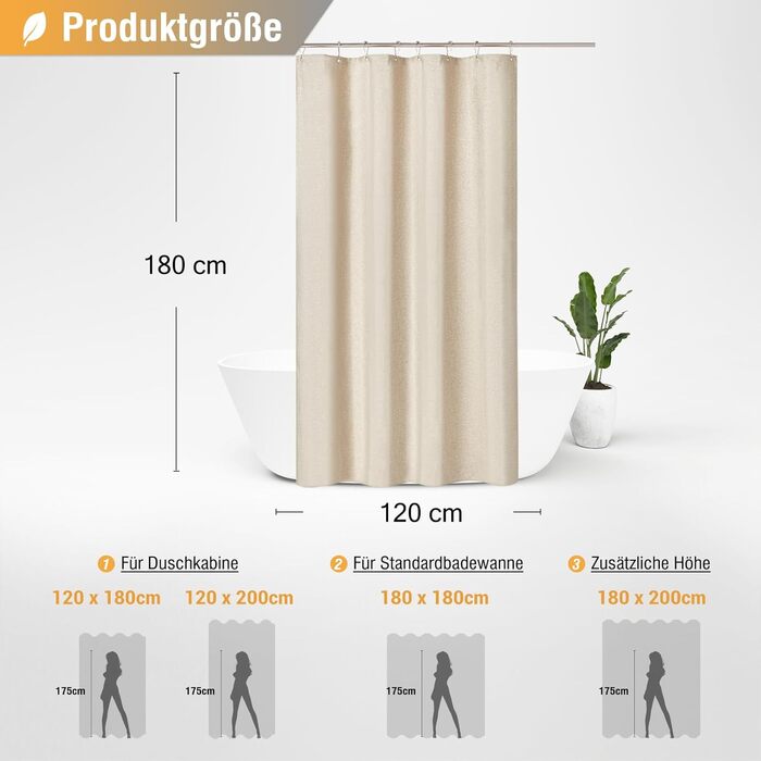 Штора для душу BTTN 120x180 см, бежева, льон, антигрибкова, водонепроникна, поліестер, з гачками
