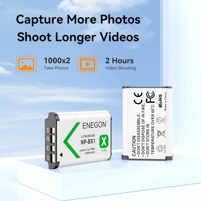 Акумулятор ENEGON NP-BX1 (1300mAh, 2 шт.) з LCD-зарядним пристроєм для Sony NP-BX1, ZV-1, Cyber-Shot DSC-RX100 (усі моделі) та HDR-CX405