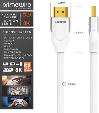 HDMI 2.1 Кабель 2м 8K (60Hz) 4K (120Hz) - Білий, Підтримка HDR, ARC, PS5, Xbox, Blu-Ray