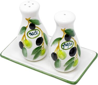 Handmade salt and pepper shaker set from Italian ceramic, 3-piece in olive green design with tray, size 14x8 cm