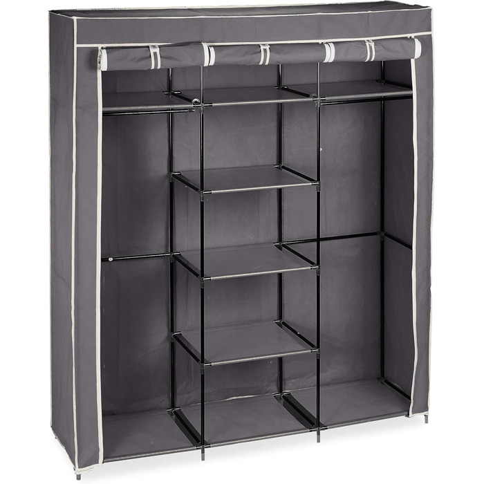 Relaxdays Fabric Clothes Closet, 9 Compartments, 2 Clothes Rails, HBT: 173 x 148 x 43 cm, Camping, Basement, Folding Closet, Anthracite, Fabric, 10019122-139