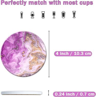 Drink coasters, round, absorbent ceramic stone coasters with cork base, funny turquoise marble drinks (Purple)