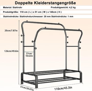 Вішалка для одягу металева подвійна Stabil з 8 гачками та 2 полицями для взуття, чорна – функціональна стійка для спальні
