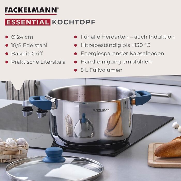 Каструля Fackelmann Essential з нержавіючої сталі, 24 см, з кришкою, синього кольору, з ергономічними ручками Softtouch, для всіх типів плит