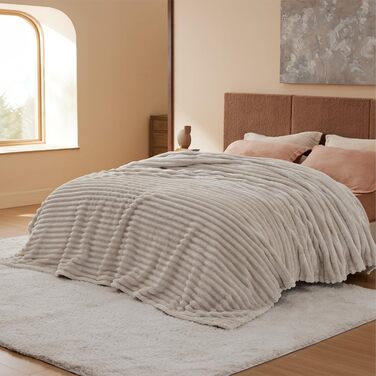 BEDSURE Плед великого розміру 220x240 см - теплий плед, вовняний та флісовий плед, ковдра на диван, плед з грубої в'язки для декору кімнати, бежевий