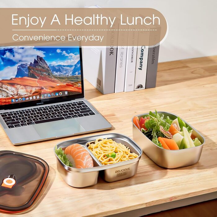 Набір ланч-боксів Kabbas Premium (2 шт.), 1.2L+1.7L, нержавіюча сталь 304, з відділеннями, не протікають, для дорослих та підлітків, легкі, ідеальні для школи, офісу, відпочинку на природі