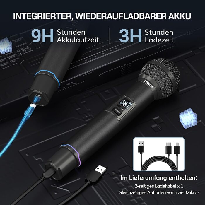 TONOR TW750 Бездротовий мікрофон UHF з регулюванням, 2 шт., 100м радіус дії, світлодіодний індикатор, автосканування, для караоке, церкви, вечірок