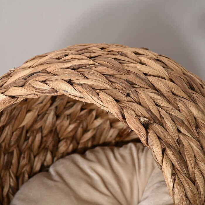 PawHut Rattan Cat Basket Cat Cave Cat House Cat Bed with Cushion Pet Bed Water Hyacinth Brown 50 x 42 x 60 cm