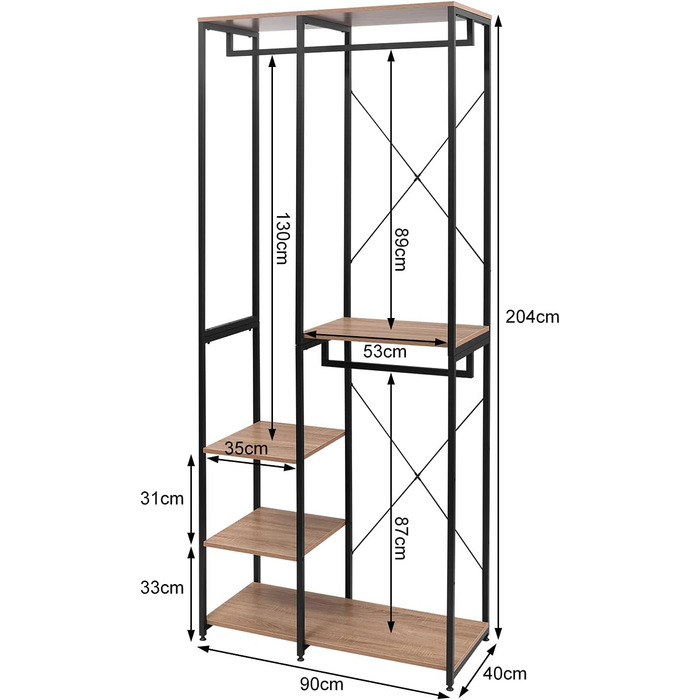 WOLTU Wardrobe/Clothes Rack/Laundry Rack with Shelf, Shoe Rack, Wooden and Steel, Hanging Shelf, White + Light Oak (Black + Light Oak)