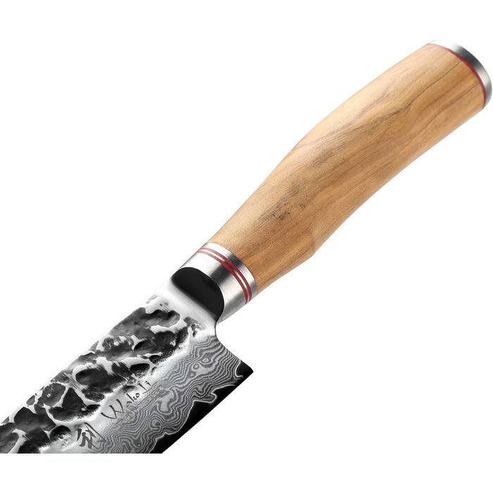 Ніж Santoku Wakoli Olive з дамаської сталі 17 см - професійний кухонний ніж з дамаської сталі 67 шарів з серцем VG10, ручка з оливкового дерева - для м'яса, риби та овочів, в дерев'яній коробці