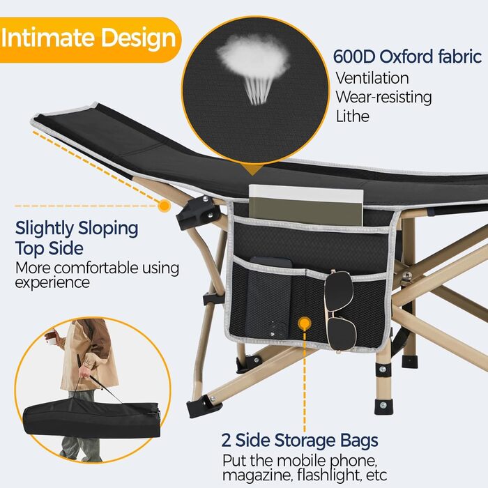 Ліжко гостьове Yaheetech складане, кемпінгове, з бічною кишенею та сумкою для транспортування, до 150 кг (Чорне)