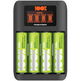 Зарядний пристрій PeakPower для акумуляторів AA AAA з 8 акумуляторами (4 x AA + 4 x AAA), захист від перерозряду, таймер безпеки, USB, пластикова упаковка, 8 слотів, швидка зарядка