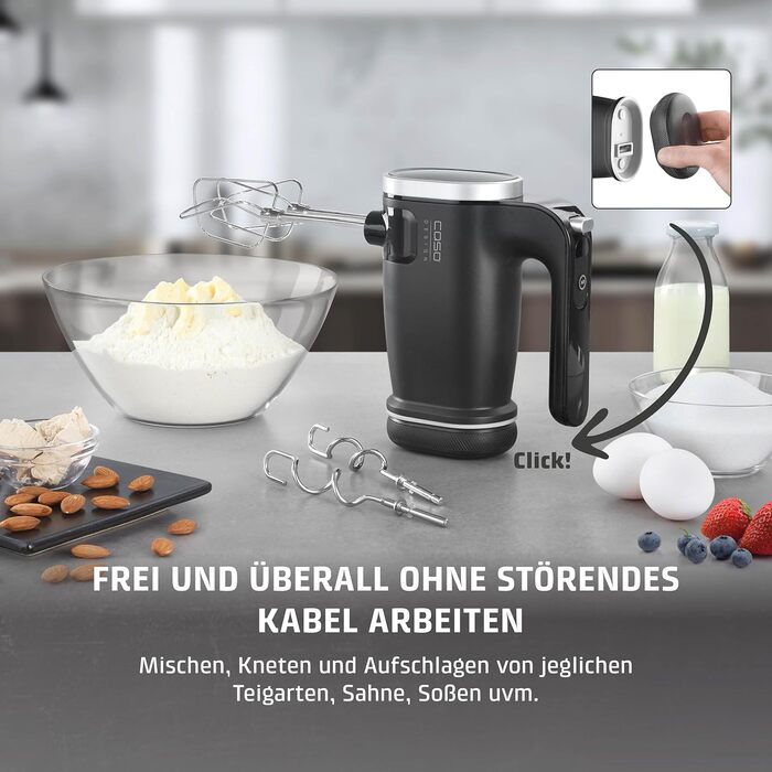 CASO Click & Mix - бездротовий ручний міксер, акумуляторний, для змішування, вимішування тіста, збивання, 8 швидкостей (600-1200 об/хв)